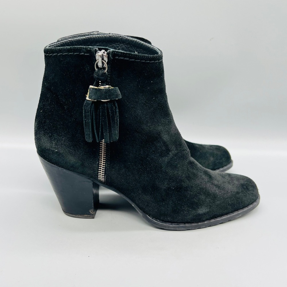 Stuart Weitzman Boots Women 9 Black Suede Ankle Tassel Side Zip Block Heel Shoes